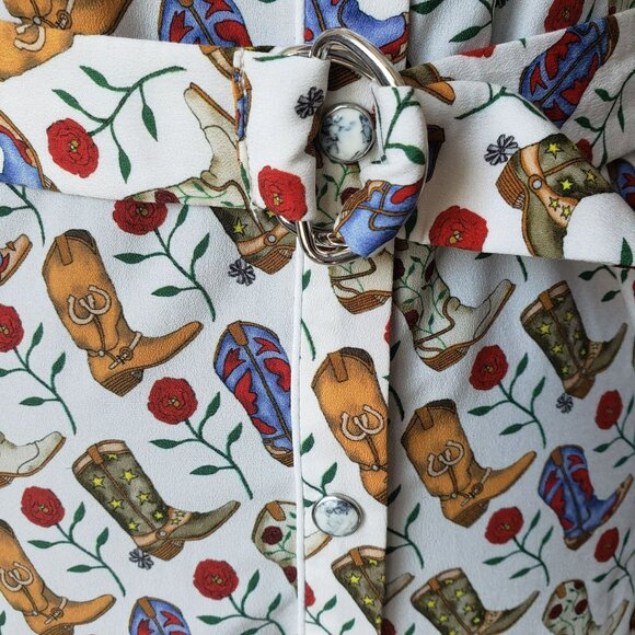 Sandro Cowboy Boot Print Belted Midi Shirt Dress Bootseen Western Cowgirl - Picture 6 of 16